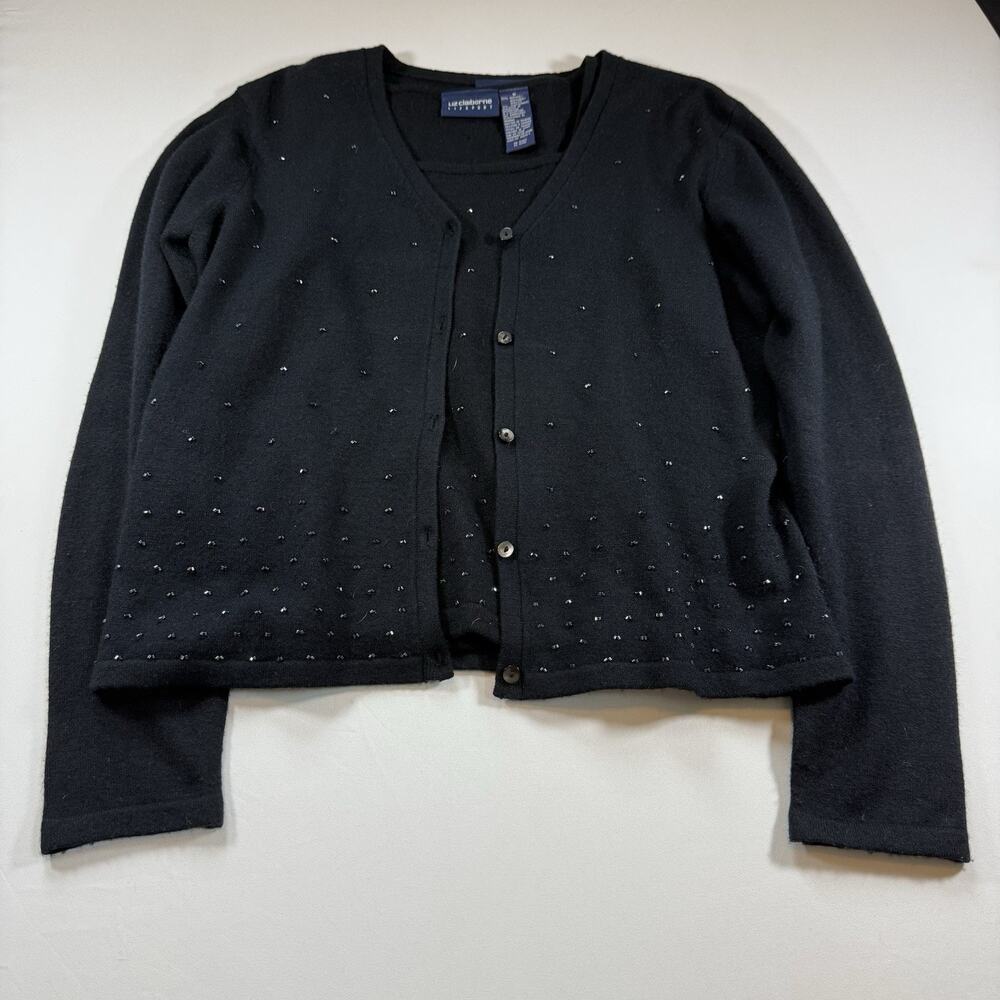 Vintage 90s Liz Claiborne Bead Embellished Button Cardigan Set - Black Wms M